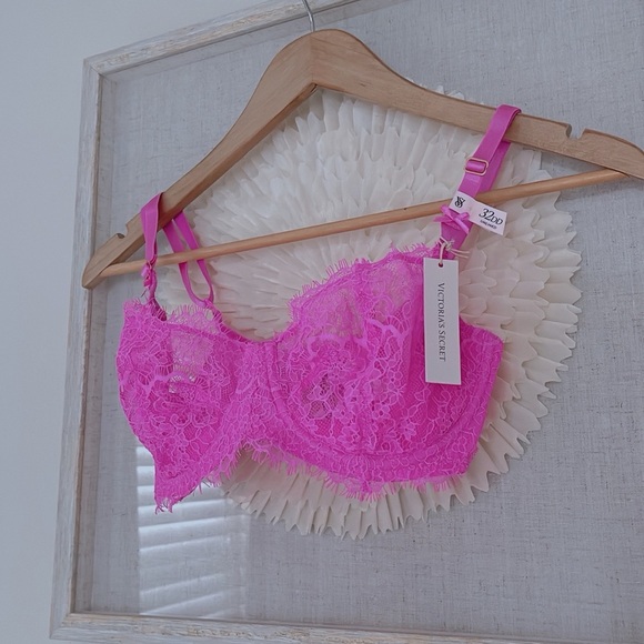 Victoria's Secret Neon Pink Unlined Wicked Bra with Eyelash Lace 32DD New - Picture 3 of 4